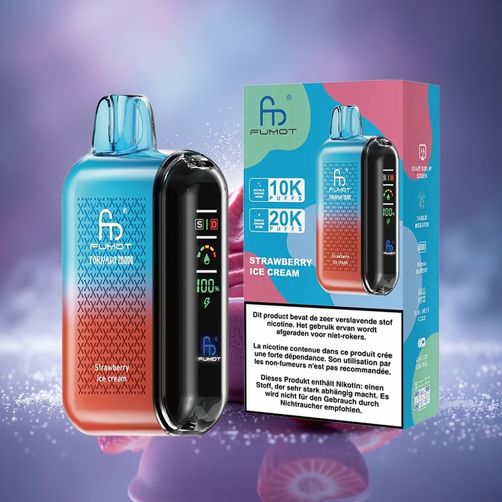 Fumot Tornado 20000 Puffs Crème Glacée à la Fraise avec Double Mesh et Contrôle d\'Airflow