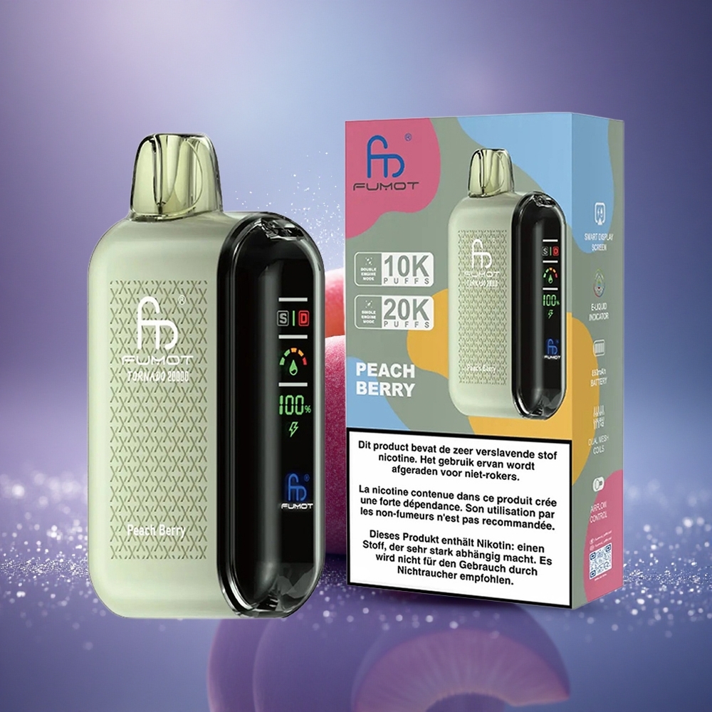 Fumot Tornado 20000 Puffs Pêche Baie Double Mèche Affichage Intelligent