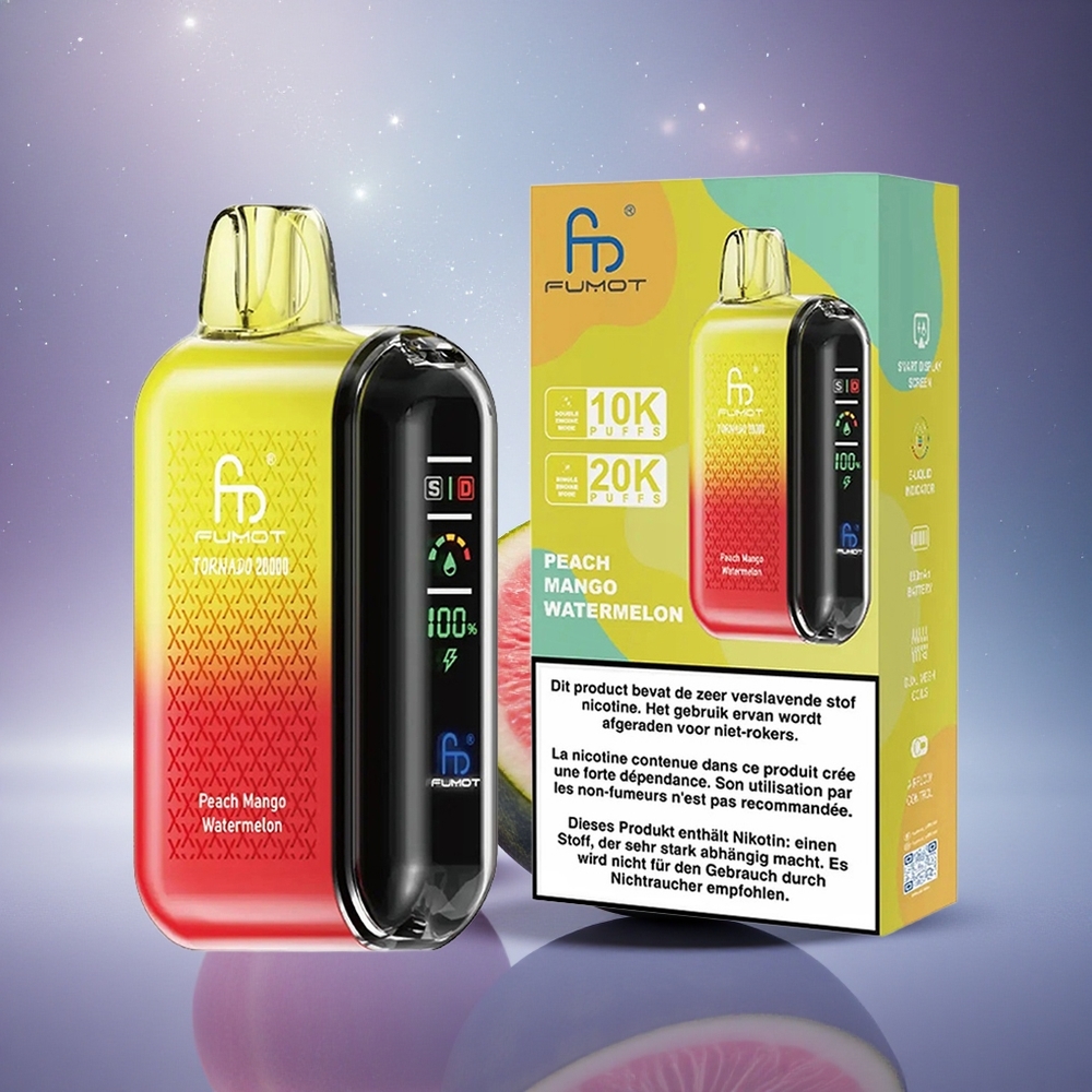 Fumot Tornado 20000 Puffs Pêche Mangue Pastèque avec Batterie Rechargeable et Affichage Intelligent