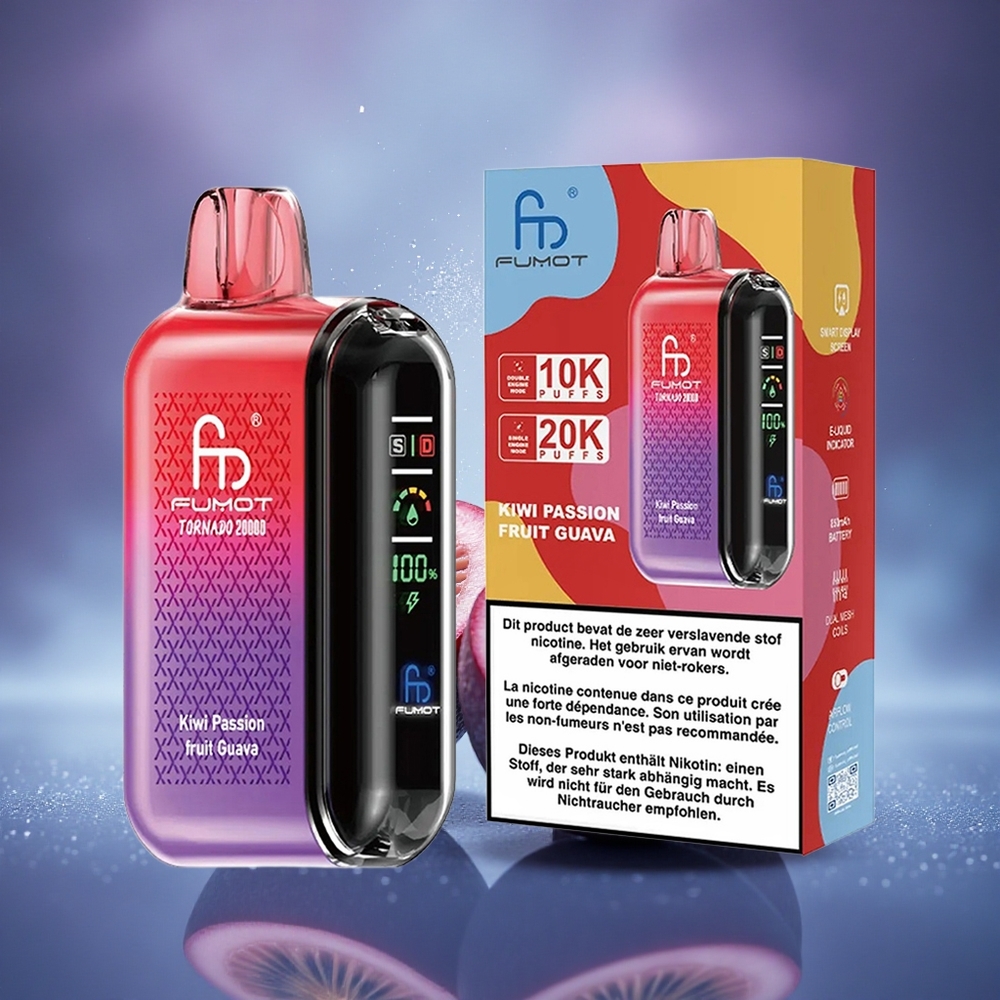 Fumot Tornado 20000 Puffs Passion Fruit Goyave Kiwi Double Mesh Affichage Intelligent