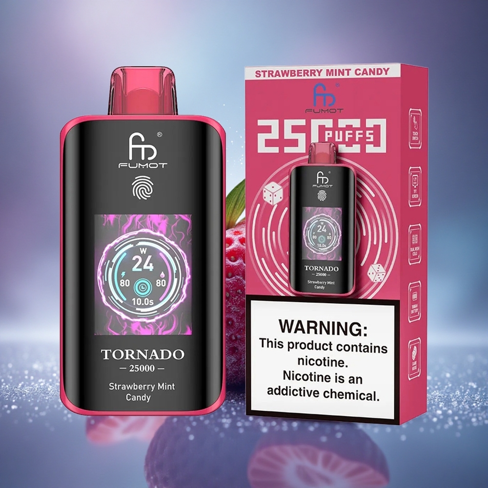 Fumot Tornado 25000 Puffs Bonbon à la Fraise et à la Menthe avec Écran HD et Batterie 700mAh